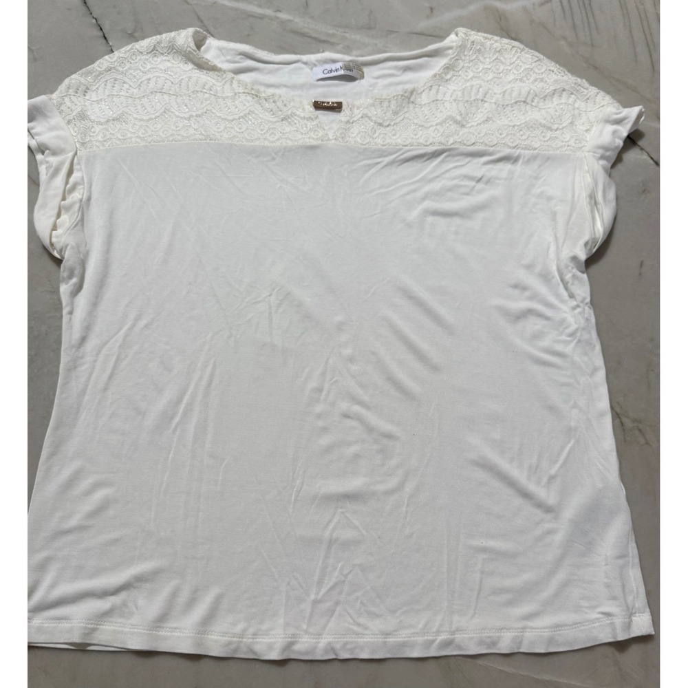 Calvin Klein Womens White Lace Yoke Short Sleeve Top Notched Neck Size L
